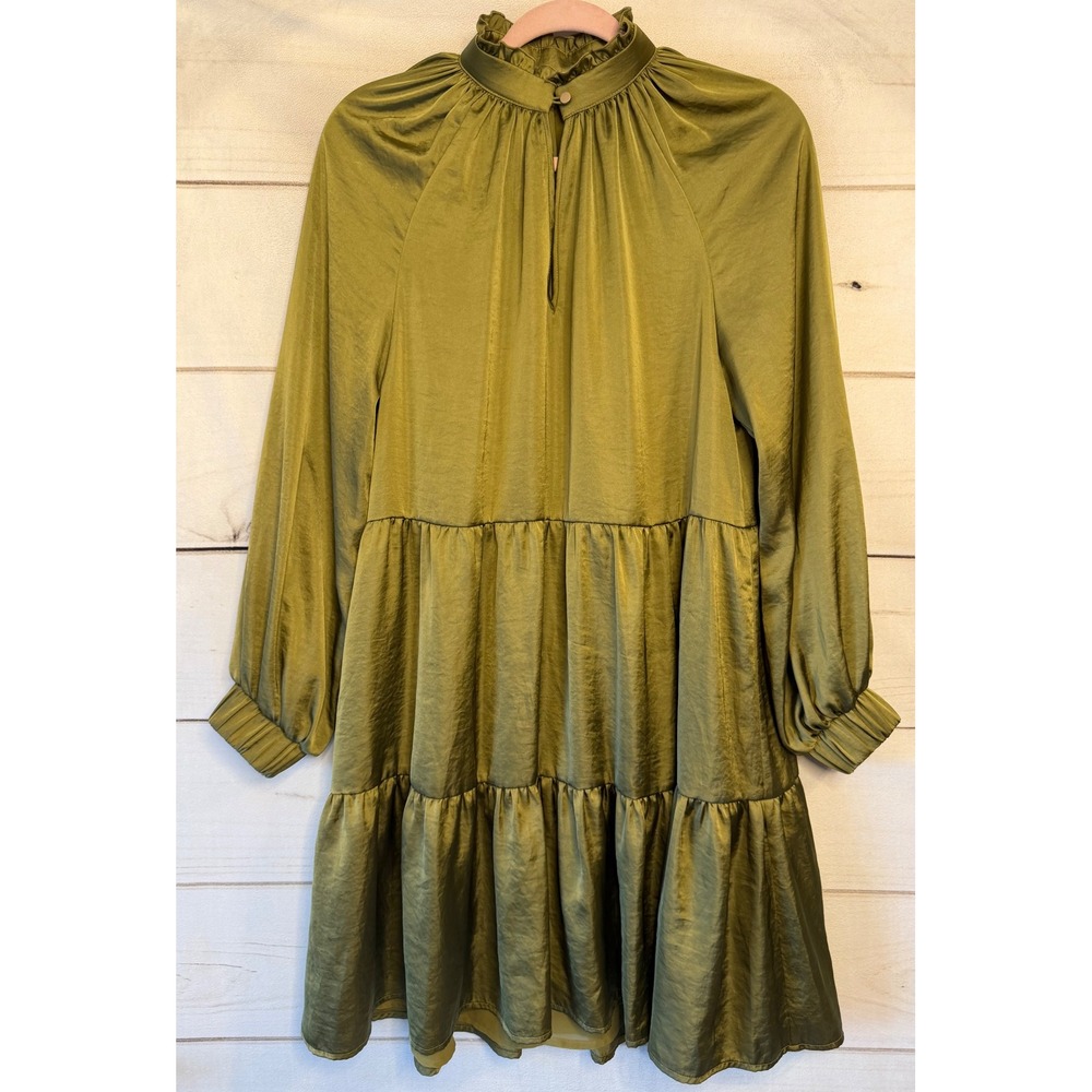 Crosby by Mollie Burch Olive Green Tencel Tiered Ruffle Neck Mini Dress XS